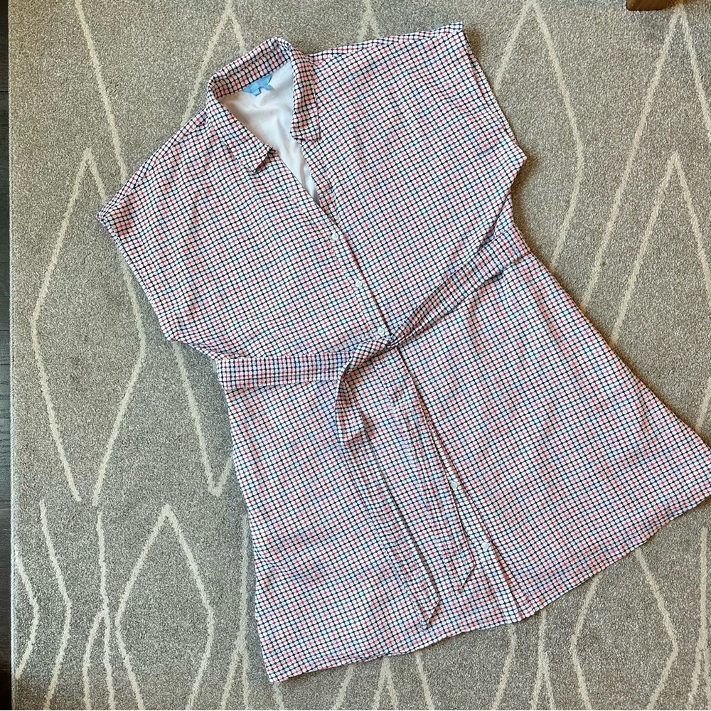 Draper James White Pink Red Blue Tie Waist Shirt Dress